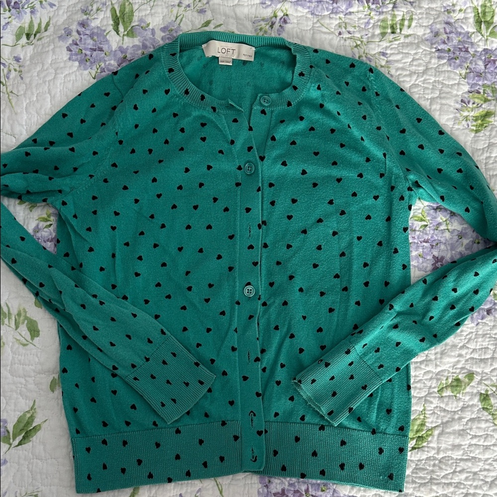 LOFT Teal Cardigan with Black Polka Dots